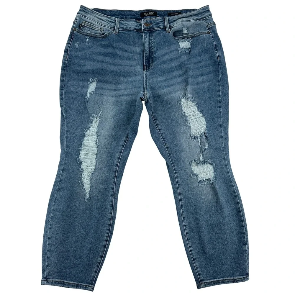 Judy Blue Jeans Relaxed Fit Distressed Blue Denim Crop Pants Y2K Women's 20W